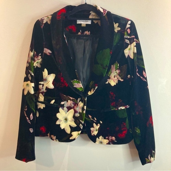 CALVIN KLEIN Sz 8 Casual or Career Velvet Lined  Single Button Floral Blazer - Picture 2 of 13